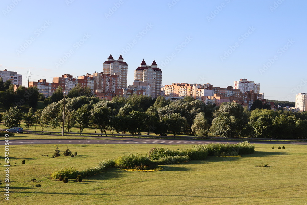 Minsk suburb with residential buildings and green park