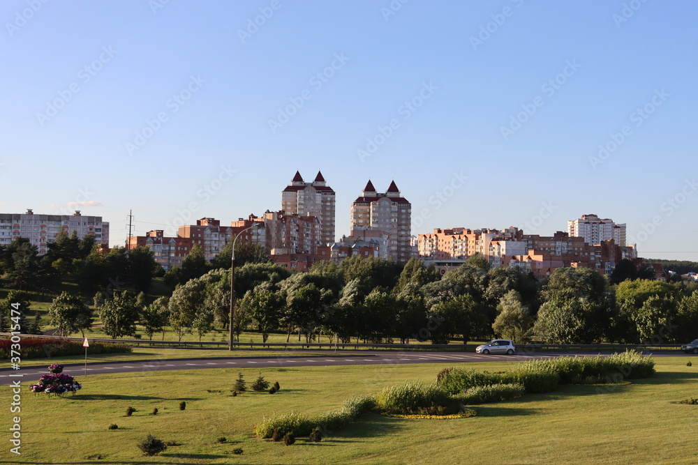 Minsk suburb with residential buildings and green park
