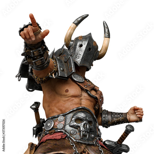 epic warrior man is pointing the way in white background nice view photo