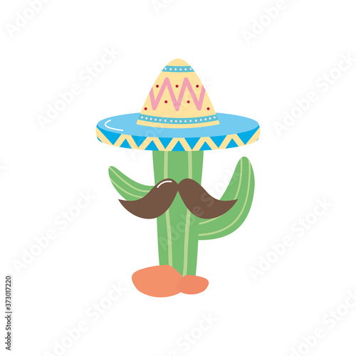 mexican cactus with mustache and hat, flat style