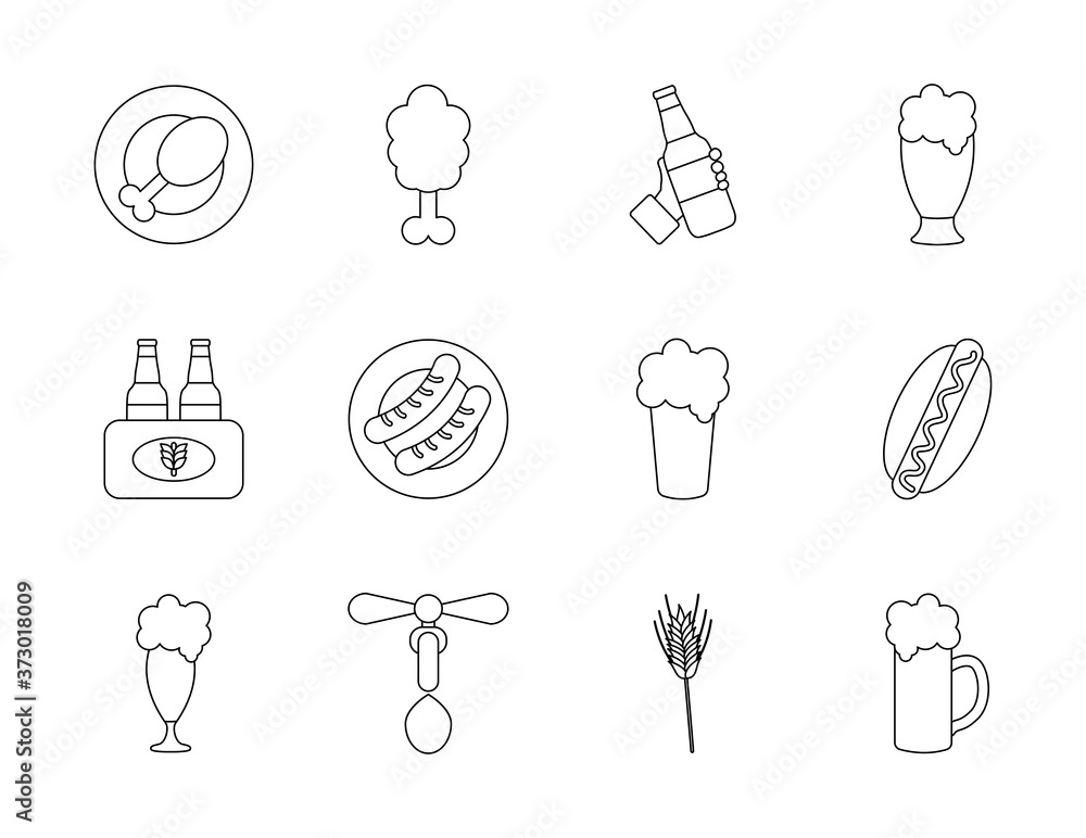 beer bottles and oktoberfest icon set, line style beer bottles and oktoberfest icon set, line style