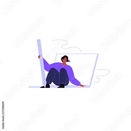Flat illustration of a woman sitting on a laptop holding a graphic tablet pen. Female designer with her instruments. Digital artist at work concept