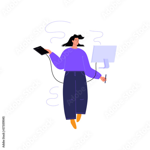 Flat illustration of a woman levitating in the sky with a computer and a graphic tablet. Designer illustrator or digital artist at work concept