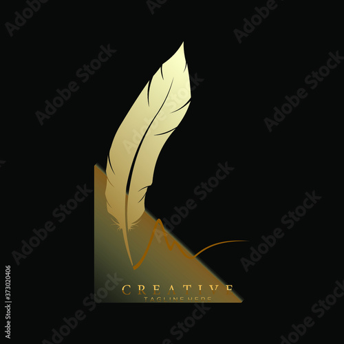feather pen logo gold with triangle gradation vector design template