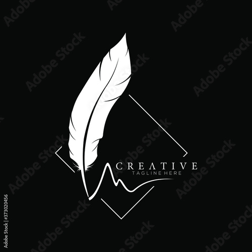 feather pen logo silhouette with square line vector design template