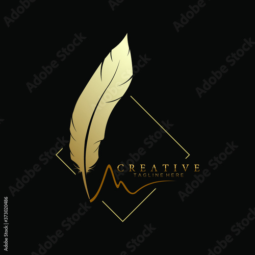 feather pen logo gold with square line vector design template