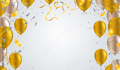 Gold color Celebration party banner with Gold balloons confetti background. Vector illustration