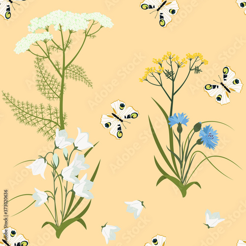 Wild flowers. Seamless summer pattern with cornflowers, herbs, bells and butterfly.