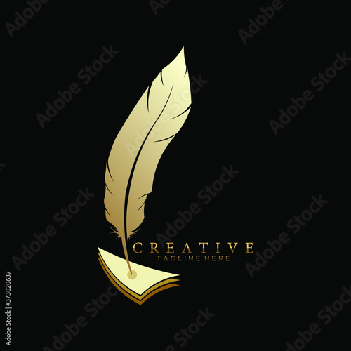feather pen logo gold with 3 Layered arrowheads vector design template
