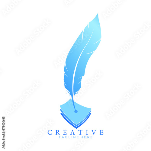 feather pen logo blue with 3 sheets of paper vector design template