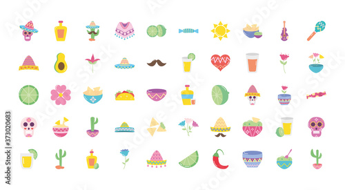 mexican culture icon set, flat style