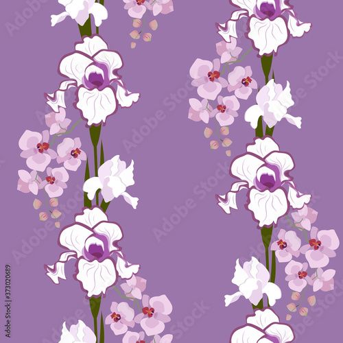Seamless vector illustration with gentle orchids and irises