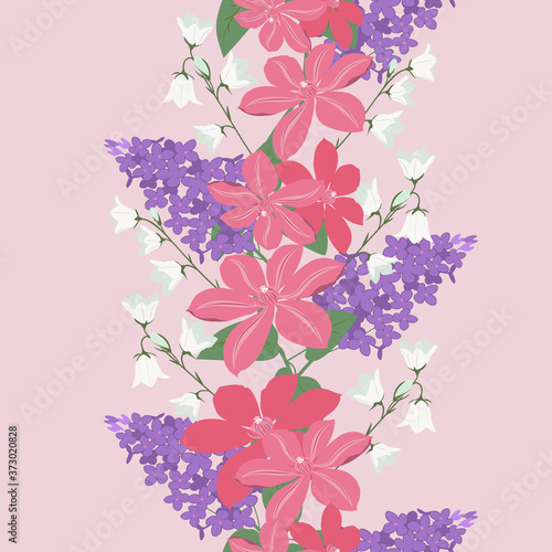 Seamless vector illustration with blooming lilac, clematis and campanula
