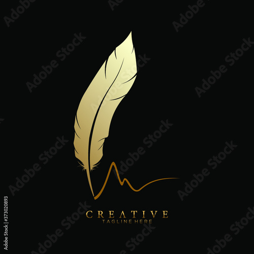 feather pen logo gold vector design template