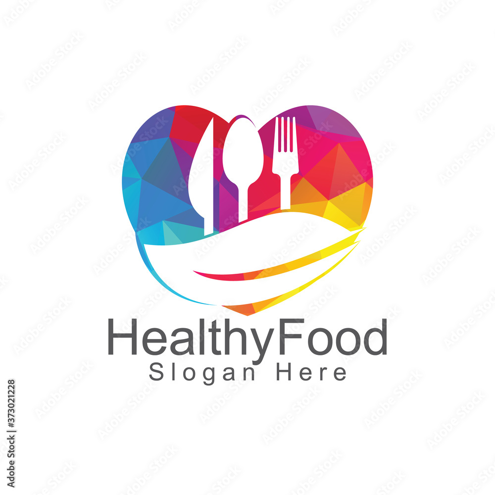 Love Healthy food logo template. Organic food logo with spoon, fork, knife and leaf symbol. Love Healthy food logo template. Organic food logo with spoon, fork, knife and leaf symbol.