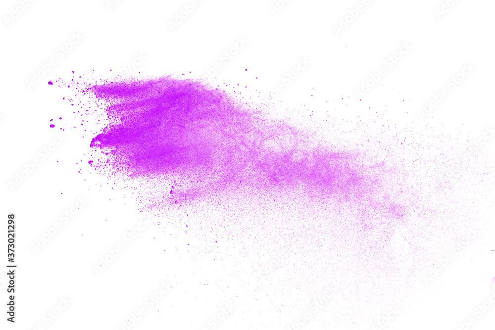 Explosion of purple powder isolated on white background. 