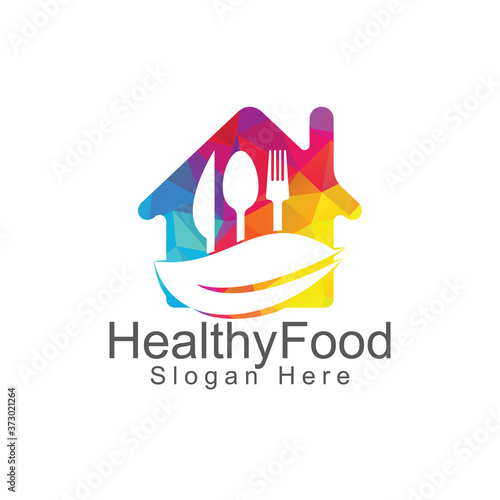 Healthy home food logo  template. Organic food logo with spoon, fork, knife and leaf symbol.