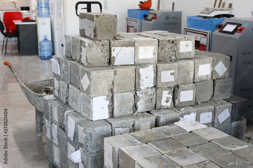 View of the cubic concrete samples for the tensile or flexural testing (compressive strength test).