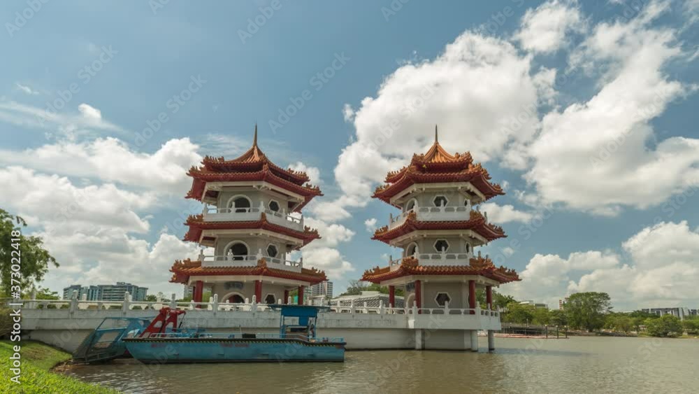Singapore time lapse 4K, skyline timelapse of Twin Pagoda at Chinese Garden Singapore time lapse 4K, skyline timelapse of Twin Pagoda at Chinese Garden
