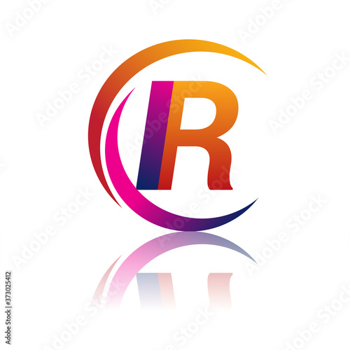 initial letter IR logotype company name orange and magenta color on circle and swoosh design. vector logo for business and company identity.