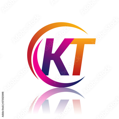 initial letter KT logotype company name orange and magenta color on circle and swoosh design. vector logo for business and company identity.