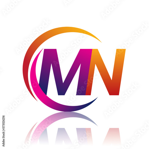 initial letter MN logotype company name orange and magenta color on circle and swoosh design. vector logo for business and company identity.