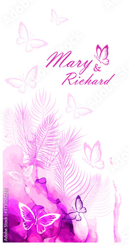 Wedding card with pink butterflies. Vector illustration