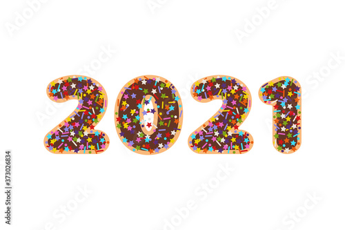 2021 numbers in flat colorful sprinkles candy topping on chocolate glazed cookies font