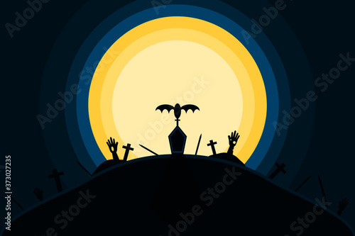 Cemetery hill with cross and full moon with zombie hand from the grave in night flat vector. Halloween concept.
