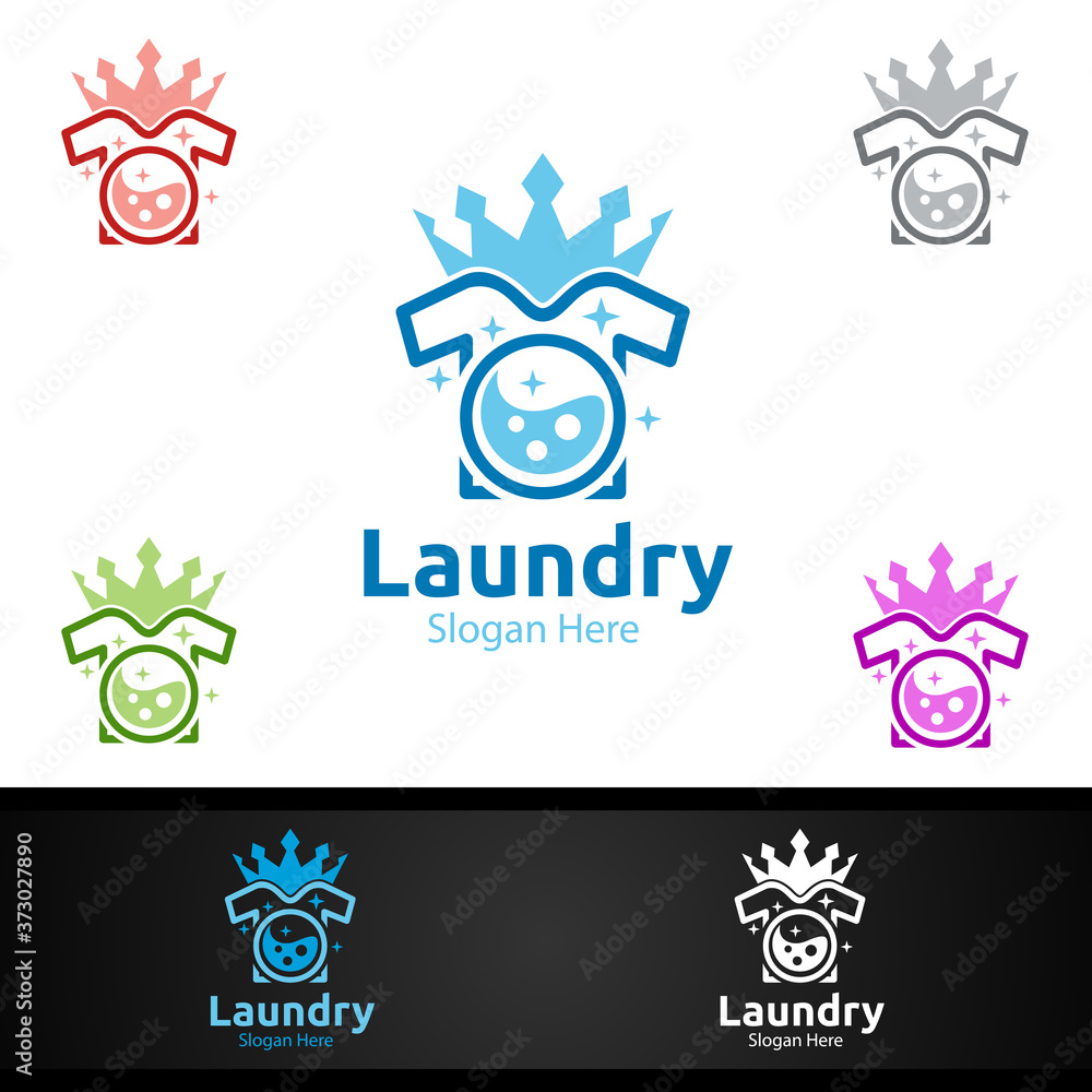 King Laundry Dry Cleaners Logo with Clothes, Water and Washing Concept