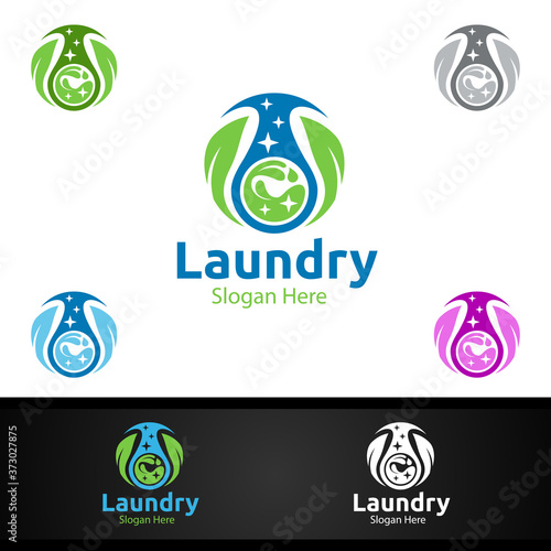 Eco Laundry Dry Cleaners Logo with Clothes, Water and Washing Concept