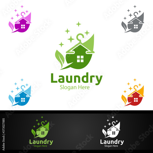 Eco Laundry Dry Cleaners Logo with Clothes, Water and Washing Concept