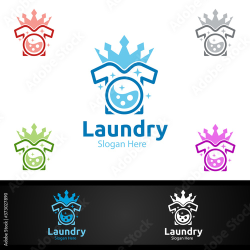 King Laundry Dry Cleaners Logo with Clothes, Water and Washing Concept