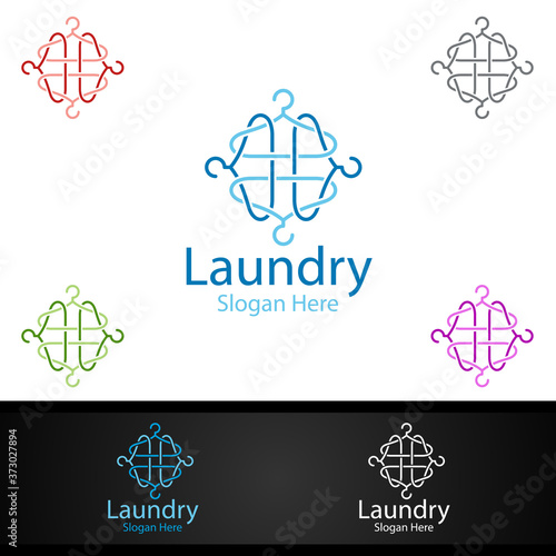 Hangers Laundry Dry Cleaners Logo with Clothes, Water and Washing Concept