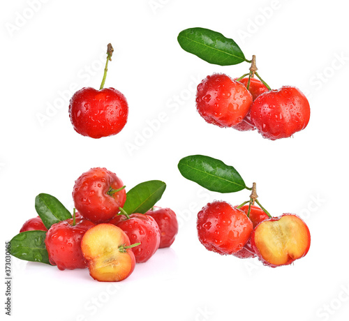 Set of cherry with drop water isolated on white background