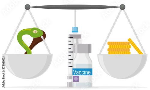 Weighing Scale with Syringe and Vaccine, Balancing the Money and Health, Vector Illustration photo