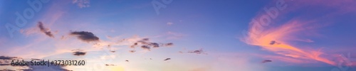 Twilight panorama sky background with colorful cloud in dusk. Panoramic image.