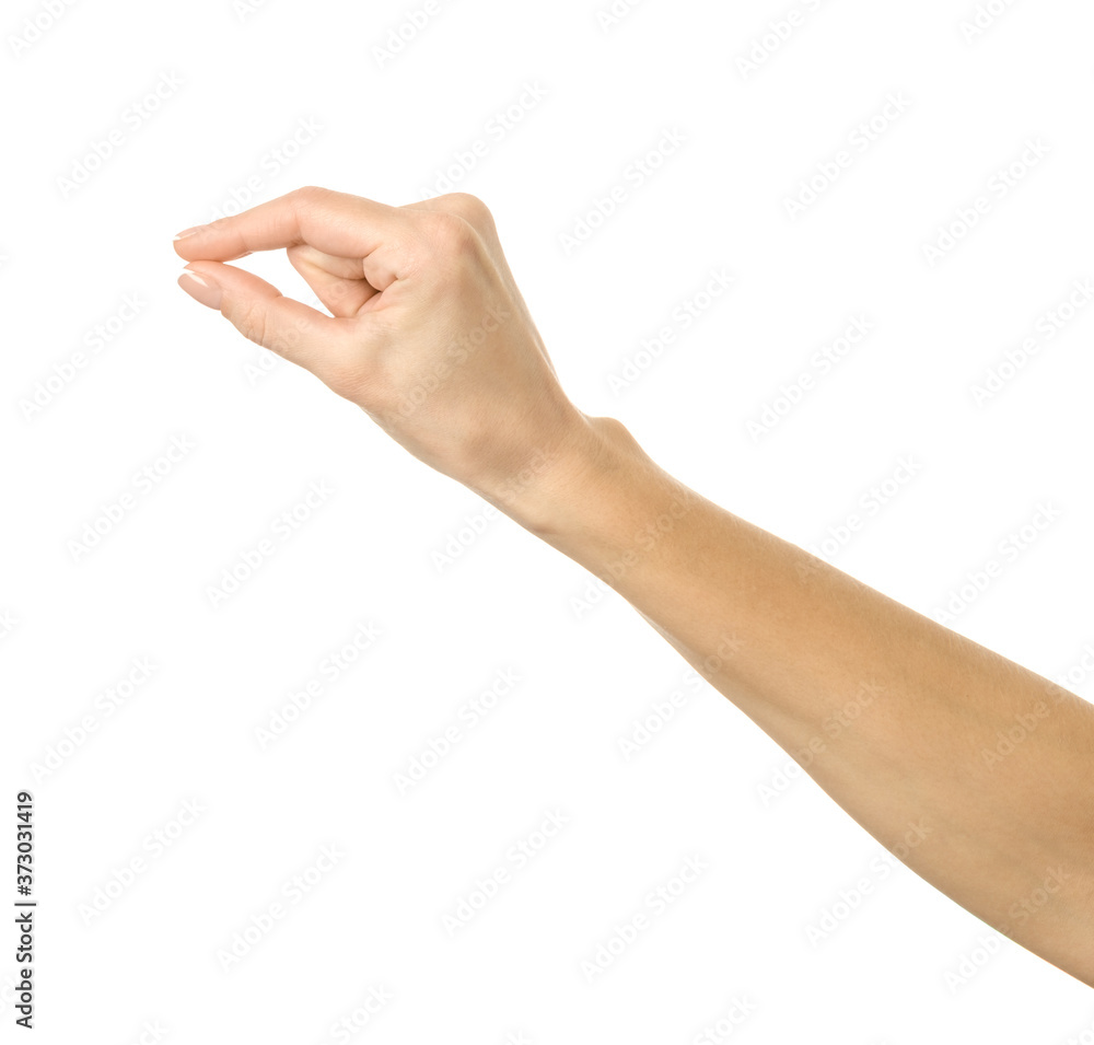 Measuring invisible item. Woman hand gesturing isolated on white Measuring invisible item. Woman hand gesturing isolated on white