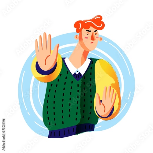 Angry young man showing stop sign, negative hand gesture. Vector character illustration of rejection of bad addiction or habits, disapproval bad feedback