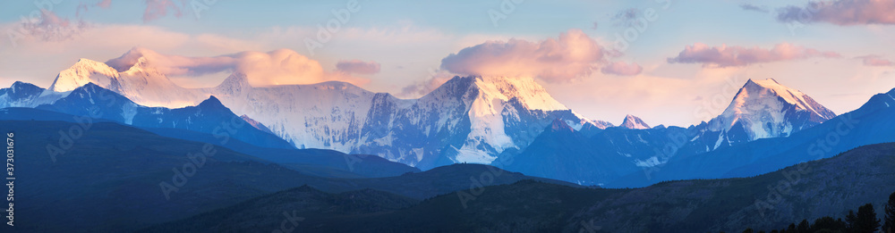 Sunset light in the mountains, panorama landscape, Altai