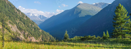 Mountain valley, snow and greens on the slopes. Summer in the mountains, panorama nature. 