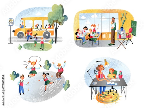 Children education at school vector scene set