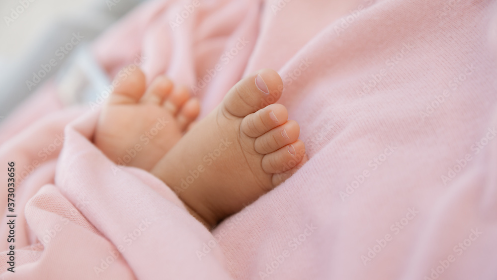 Newborn baby feet wrapped in pastel pink blanket, infant barefeet on soft background Newborn baby feet wrapped in pastel pink blanket, infant barefeet on soft background