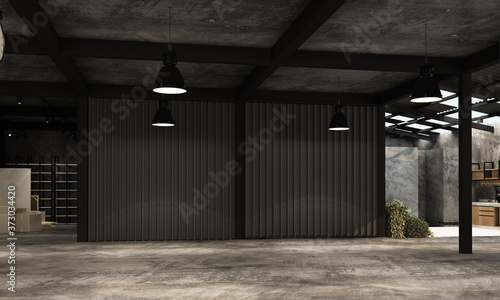 Modern industrial warehouse with working space and living area factory with concrete and metal texture interior design 3d rendering