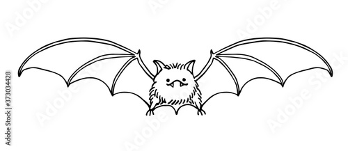 cute funny bat, bloodsucker, symbol of vampire, midnight & halloween holiday, pet, vector illustration with black ink contour lines isolated on a white background in a doodle & hand drawn style