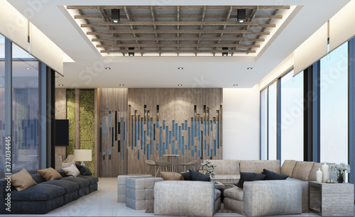 Modern loft waiting area mainhall design with wooden texture in apartment or condominium 3d rendering photo