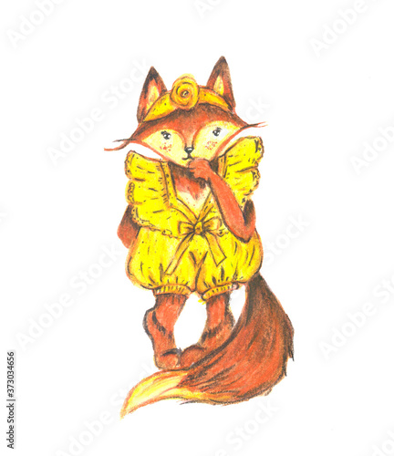 Cute Fox in a yellow romper watercolor children's illustration