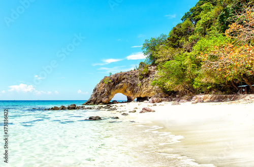 Beautiful tropical landscape, Island in the Gulf of Thailand. Turquoise water, white sand and blue sky, Tourism destination place Asia, Summer holiday vacation trip.