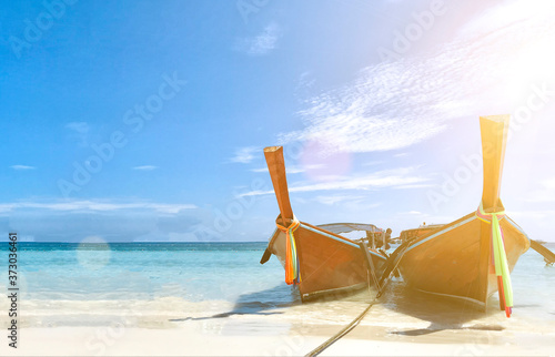 longtail boats for traveler Andaman sea Thailand, Tropical beach, Water travel Thailand, Summer holliday vacation trip.