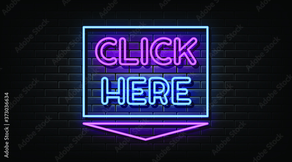 Click here neon signs vector. Design template neon sign